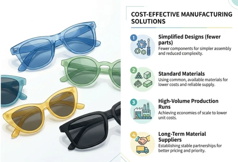 low cost sunglasses production simplified design bulk manufacturing cost control