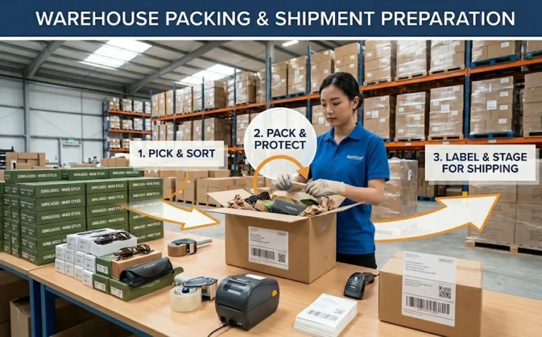 eyewear warehouse packing process cartons labeling workers preparing shipment