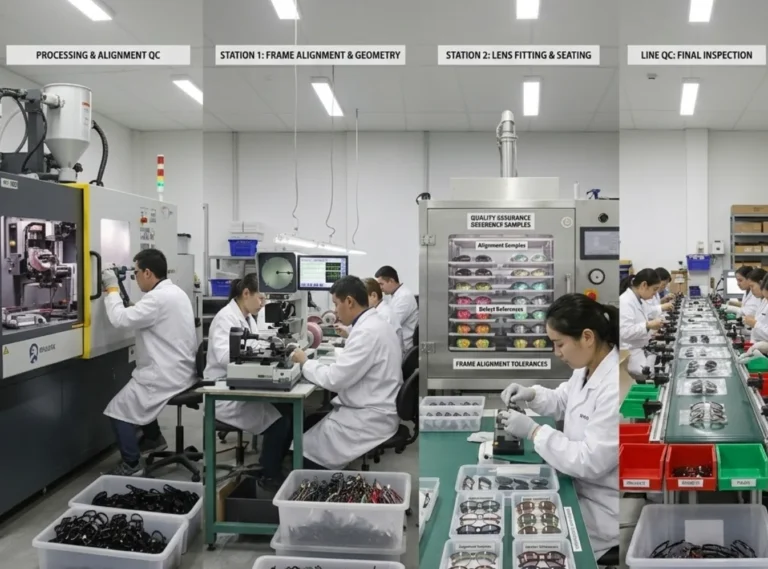 in production qc eyewear workers checking frame alignment lens fitting assembly line