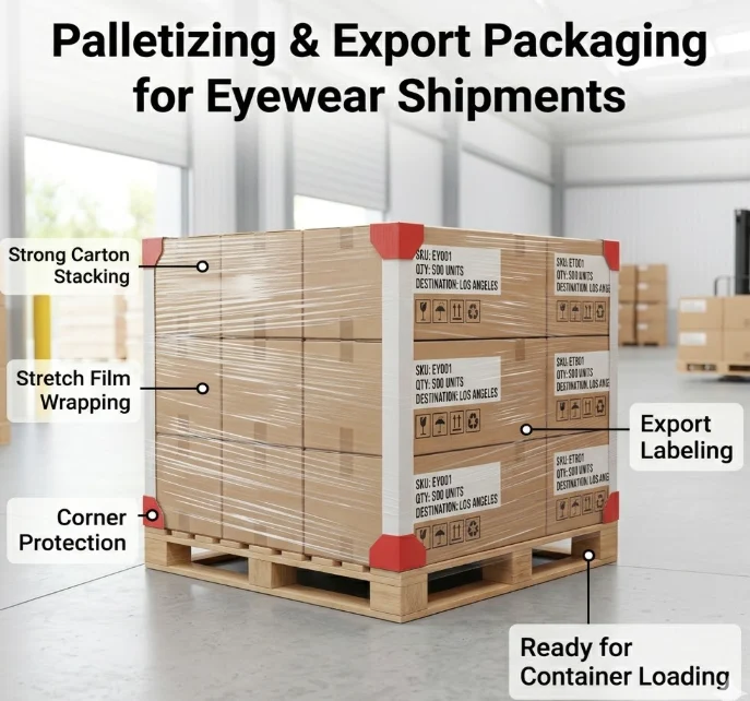 palletizing eyewear shipment cartons wrapped stretch film warehouse export