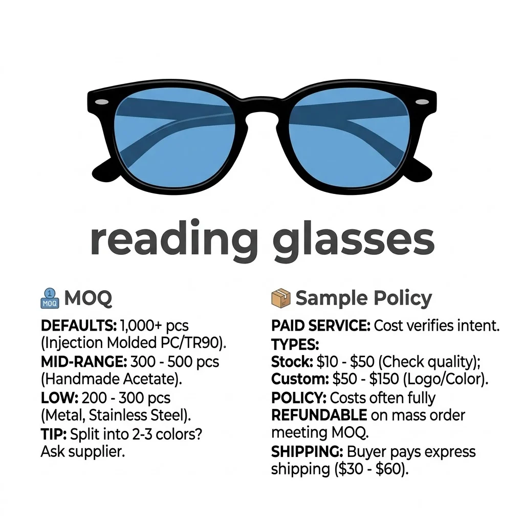 reading glasses moq sample policy bulk order quantity production timeline