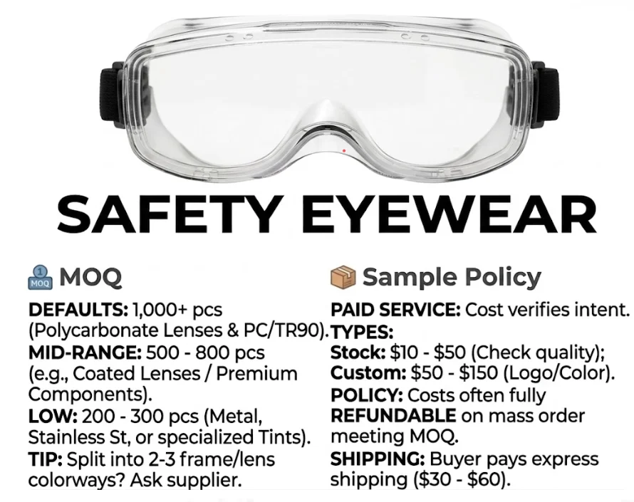 safety glasses moq sample time bulk order industrial eyewear production timeline