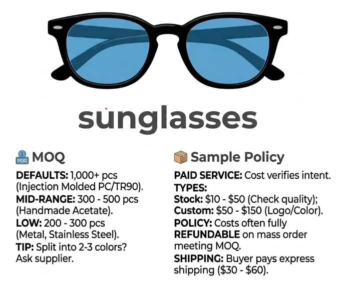 sunglasses moq sample time bulk order production timeline factory