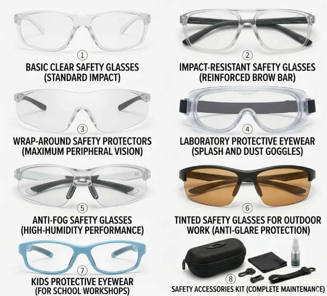 various safety glasses styles clear anti fog wrap around laboratory protective eyewear