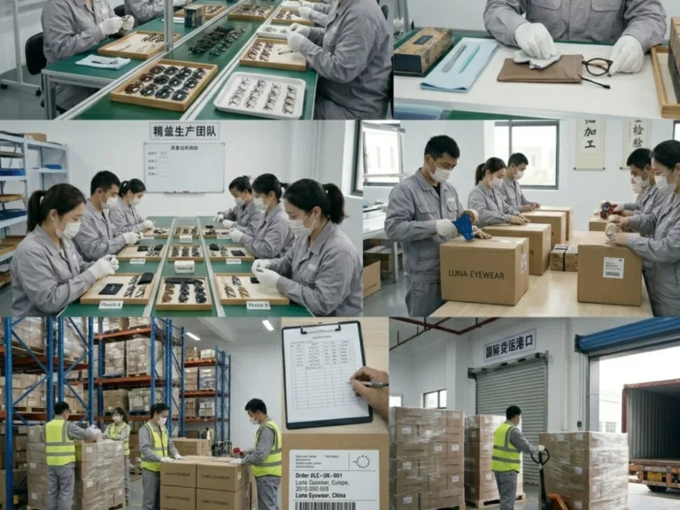 eyewear factory workers team production packaging warehouse shipment cartons