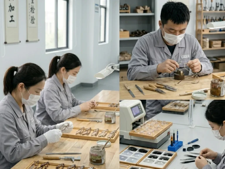 alt="sunglasses factory daily production workers polishing frames assembling lenses