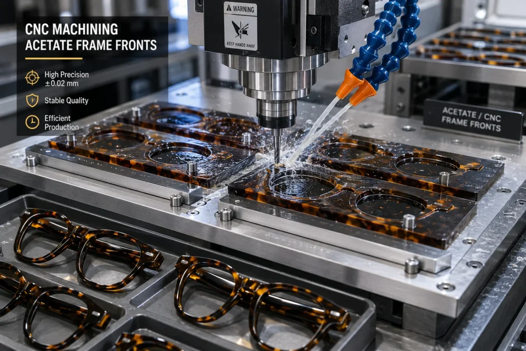 CNC machine cutting acetate sunglasses frame fronts inside an eyewear factory