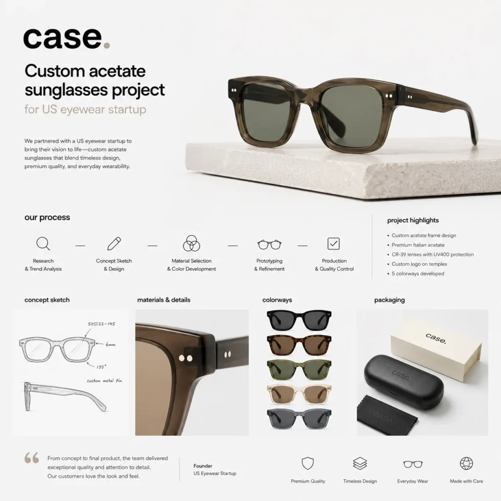 Custom acetate sunglasses project for US eyewear startup