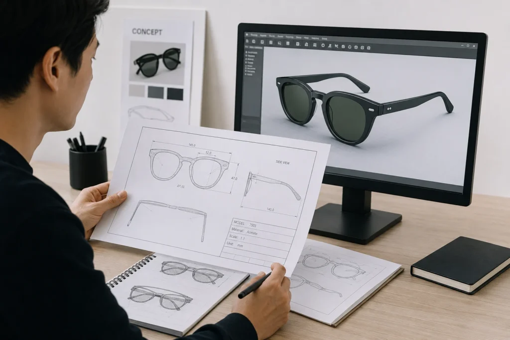 Eyewear designer reviewing a 3D sunglasses model and factory technical drawing before production