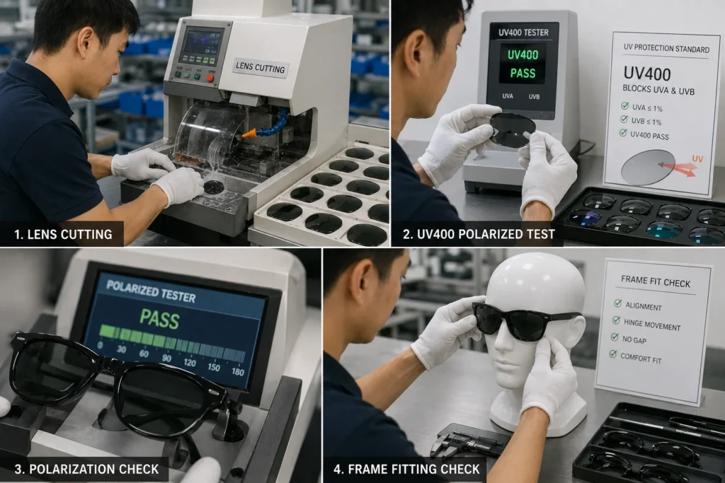 Factory worker cutting and testing polarized sunglasses lenses for UV400 protection and accurate frame fitting