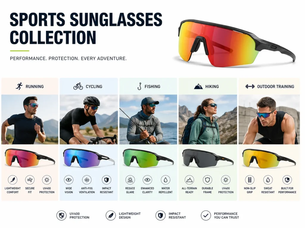Sports sunglasses collection for running cycling fishing hiking and outdoor training