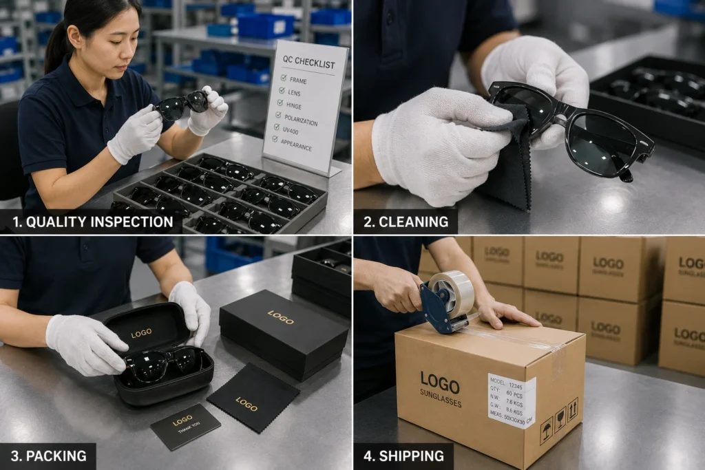 Sunglasses factory staff inspecting, cleaning, and packing finished sunglasses into branded cases and shipping cartons