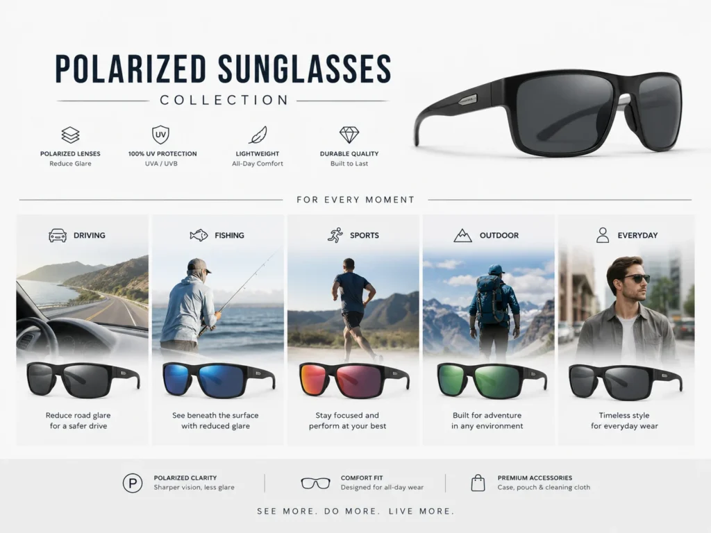 Polarized sunglasses collection for driving fishing sports outdoor and everyday use