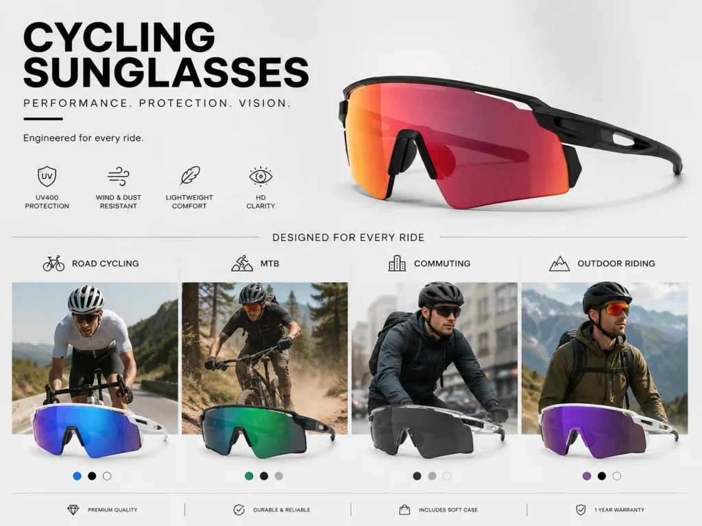 cycling sunglasses collection for road cycling, MTB, commuting and outdoor riding