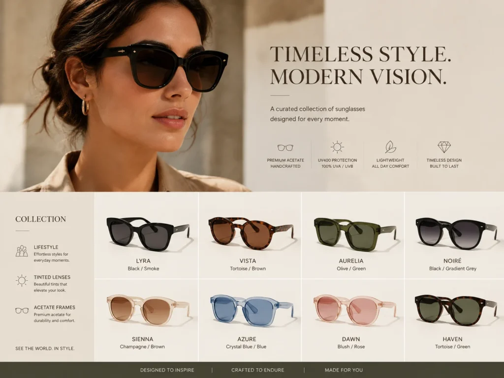 fashion sunglasses collection with lifestyle frames tinted lenses and acetate styles